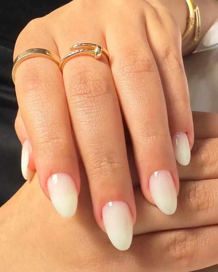 Milky ombre almond nails, soft transition, romantic and graceful