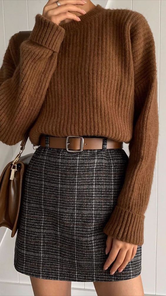 Brown sweater and plaid mini skirt outfit