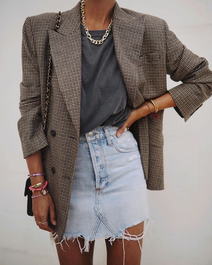 Tweed blazer with denim mini skirt