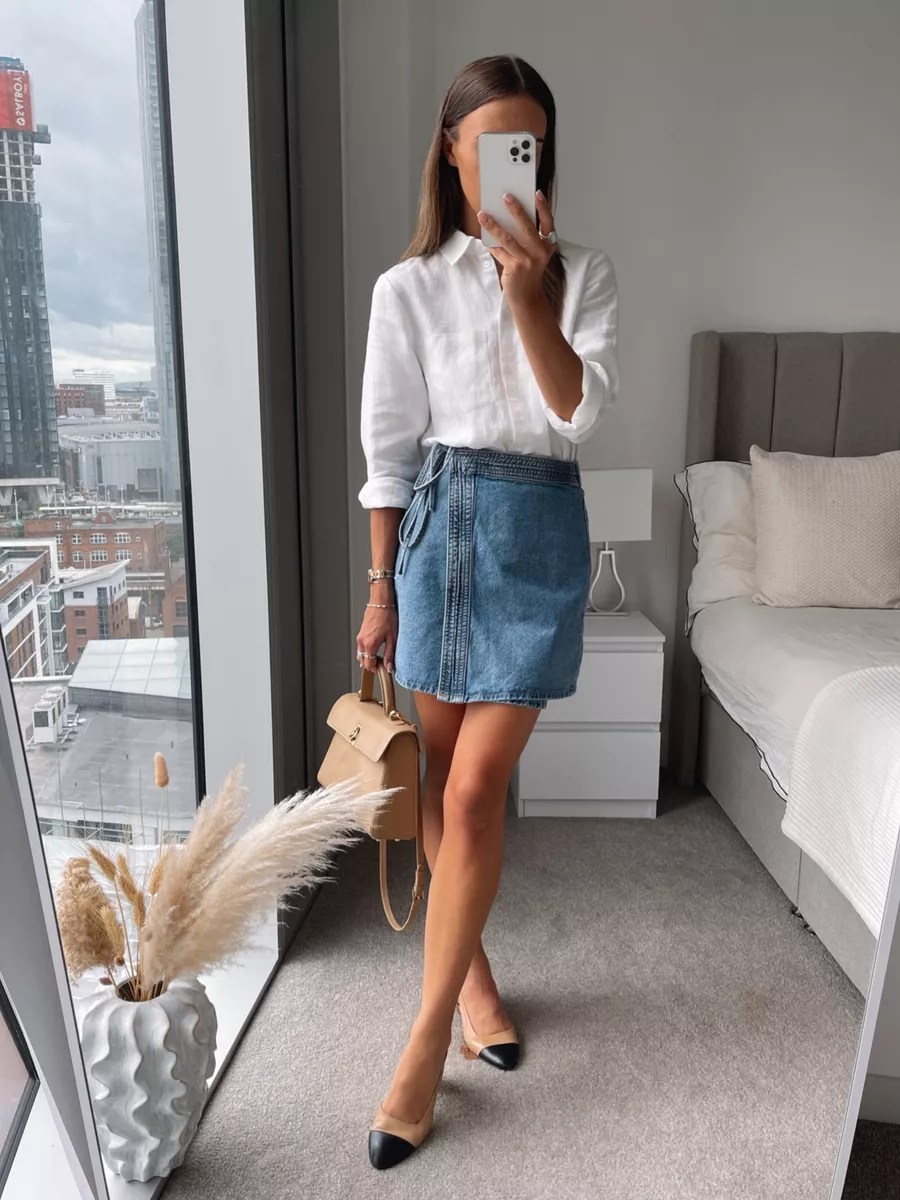 White shirt and denim mini skirt