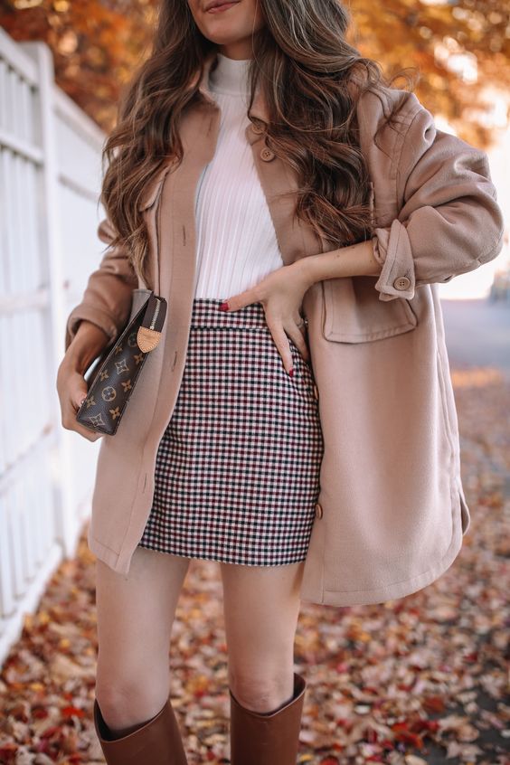 Camel coat and plaid mini skirt