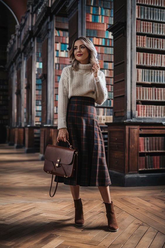 Plaid midi skirt and knit sweater