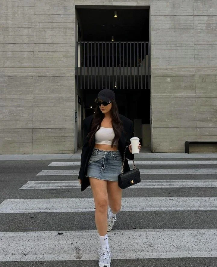 Denim mini skirt with oversized blazer and crop top