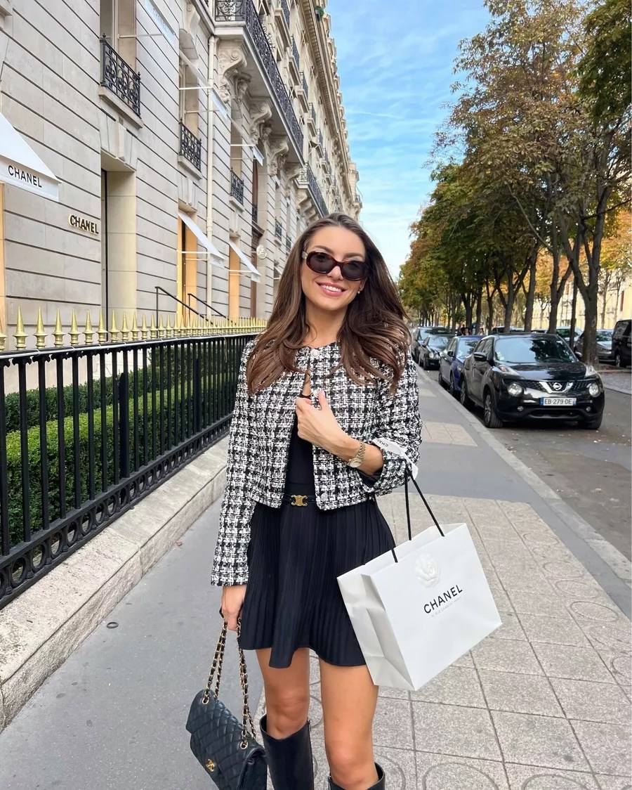 Tweed jacket and pleated mini skirt with boots