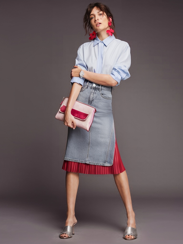 Denim skirt with pleated underlay and oversized shirt