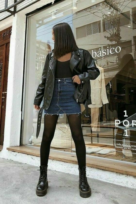 Leather jacket and denim mini skirt