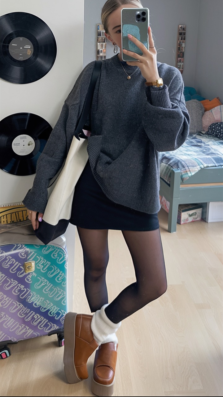Oversized sweater and black mini skirt