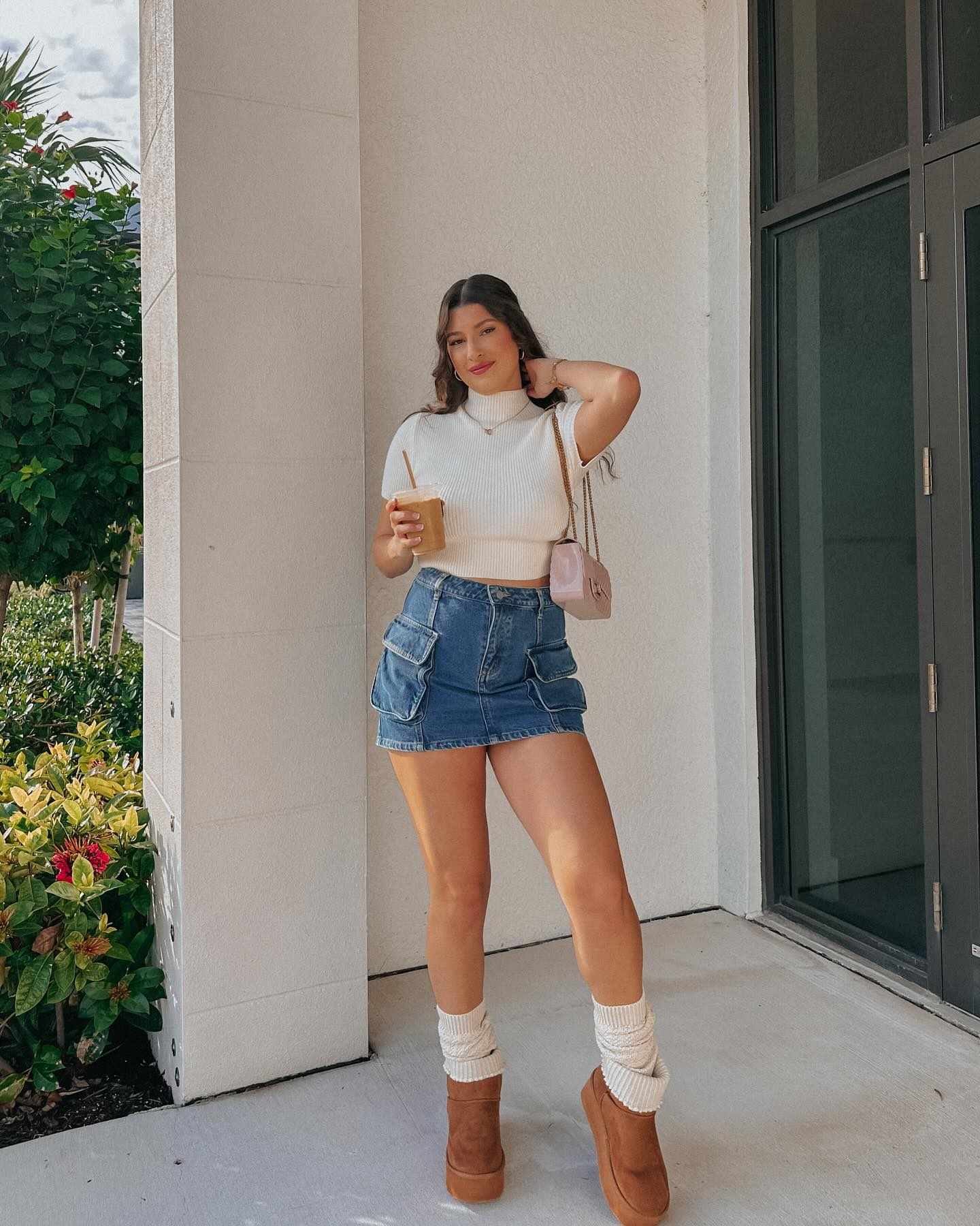 White top and denim mini skirt