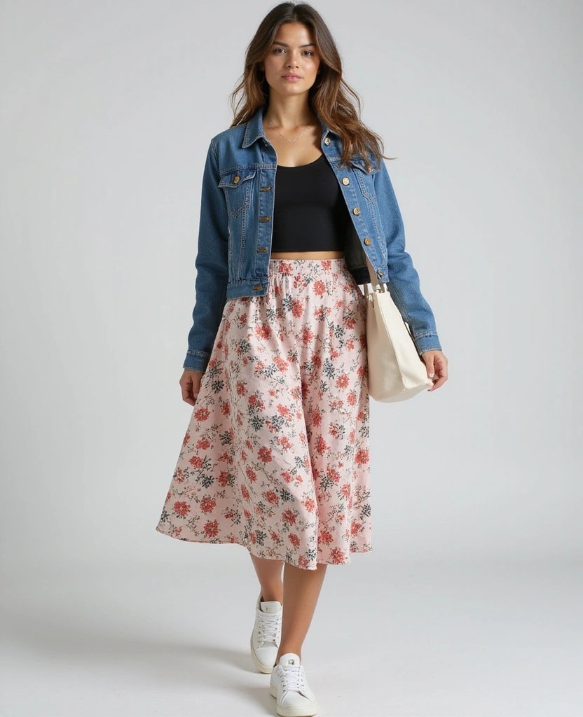 Floral skirt and denim jacket with sneakers