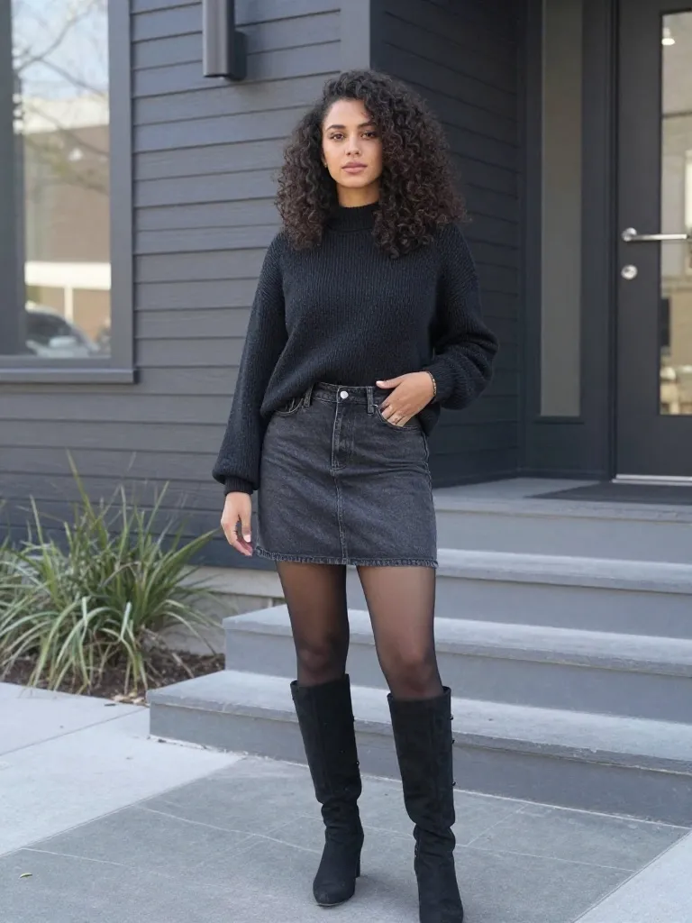 Black sweater and skirt with boots