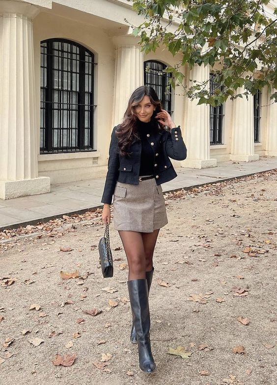 Tweed blazer and plaid mini skirt with boots