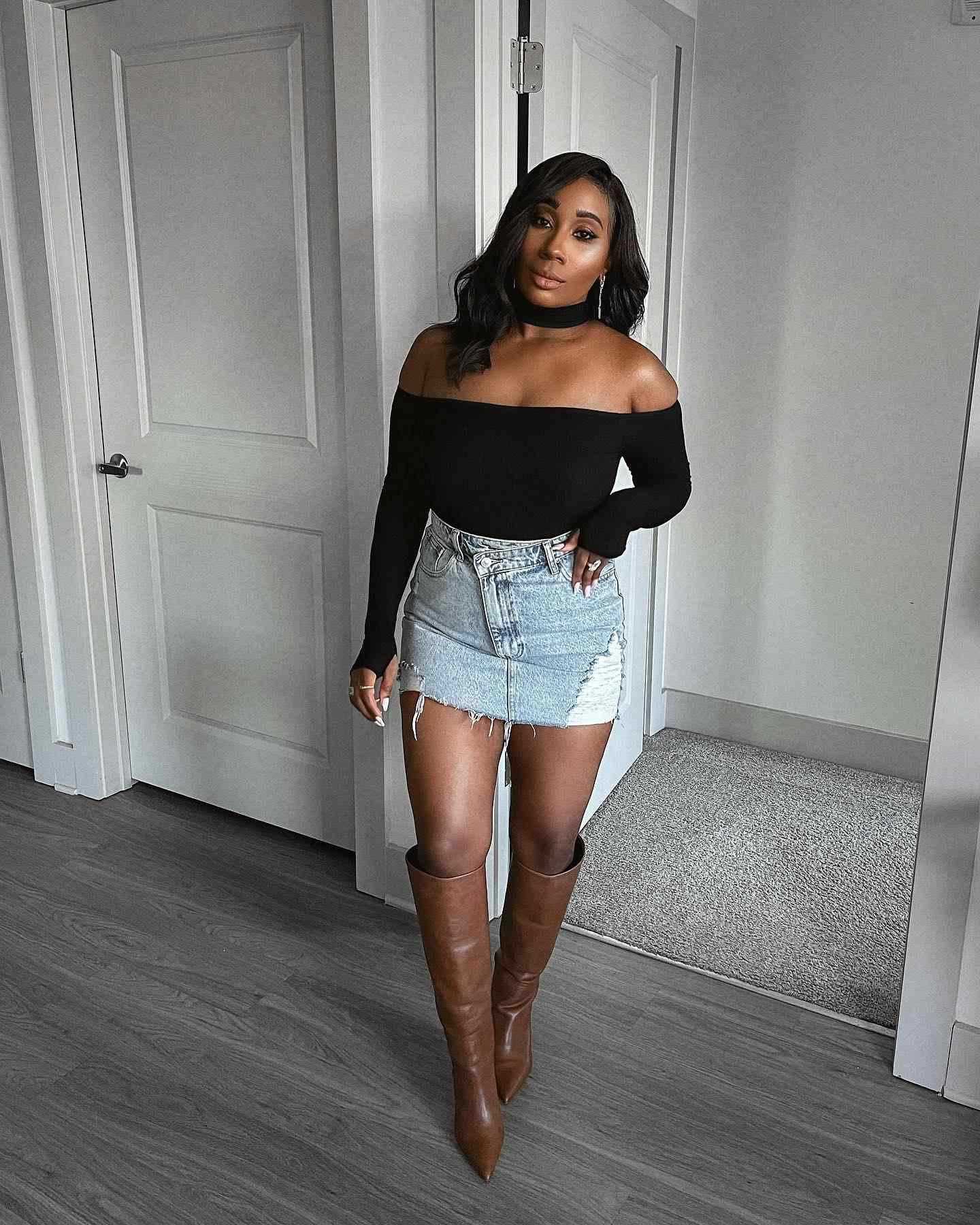 Off-shoulder top and denim mini skirt with boots