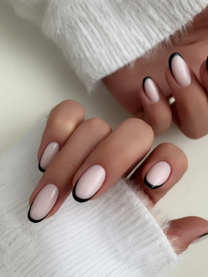 Minimalist micro-French nails with black tips on short nails.