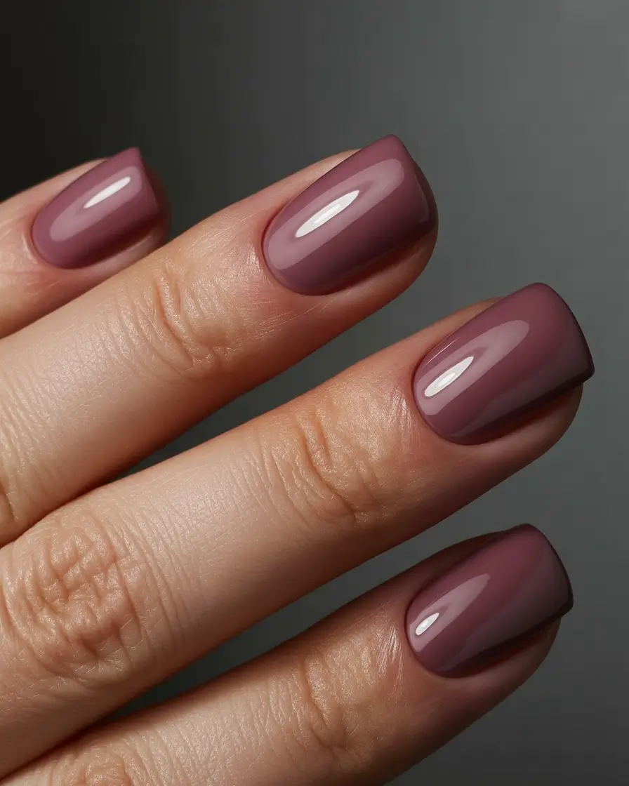 Glossy mauve nails on short square shape.