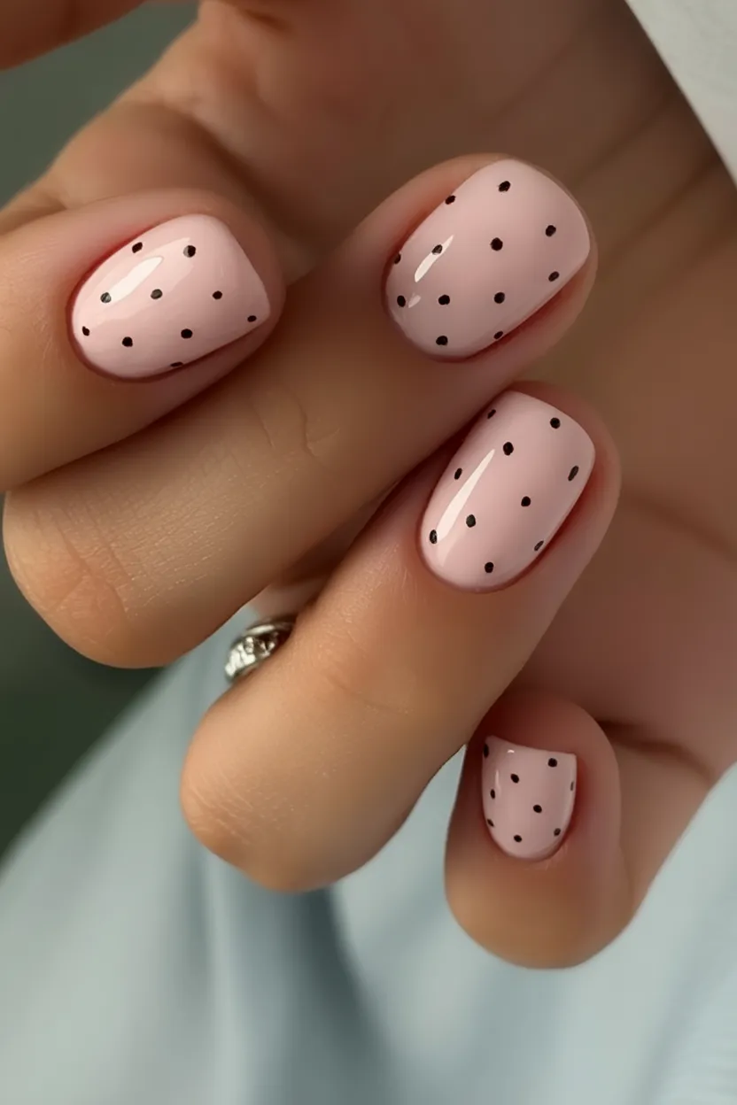 Pink nails with black polka dots.