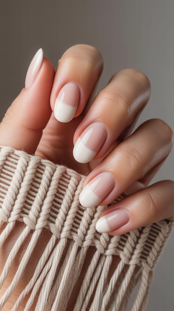 Half-moon manicure with white tips on almond nails.