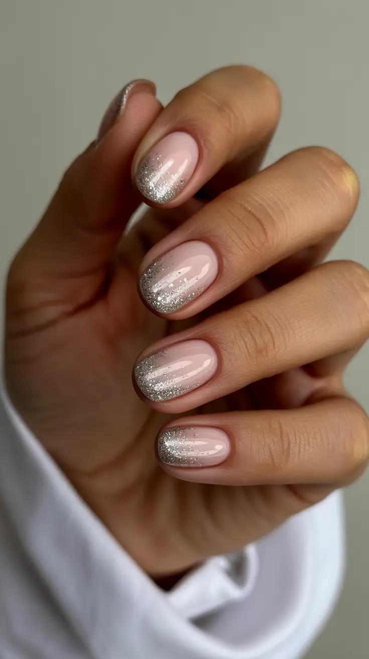 Short nails with glitter gradient tips.