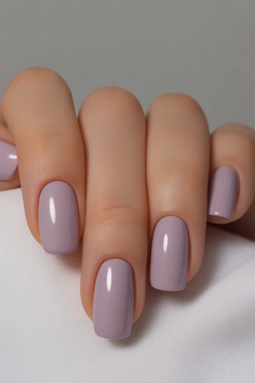 Medium square nails with mauve polish.