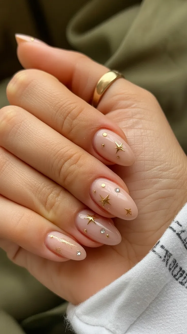 Almond nails with gold celestial accents.