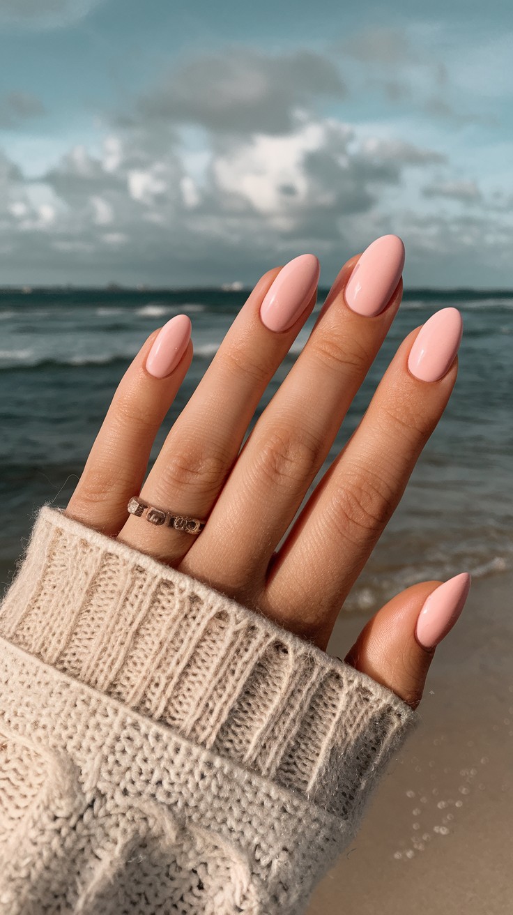 Almond nails with pastel pink polish by the beach.