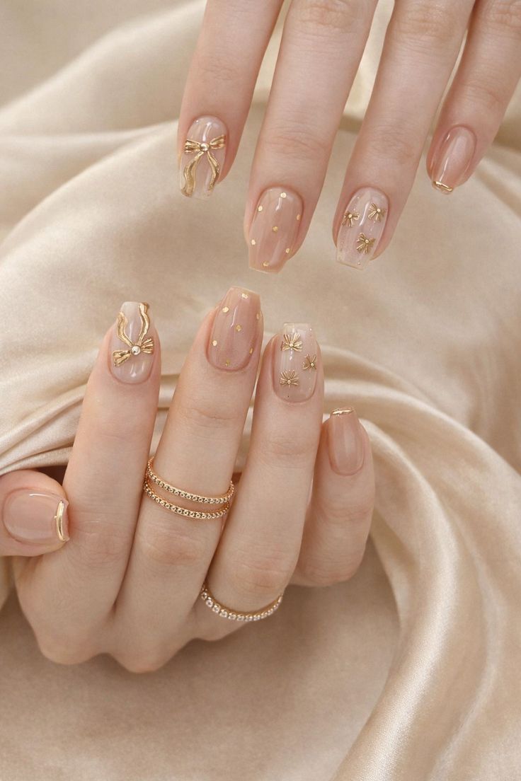 Square nails with gold leaf and sheer nude polish.