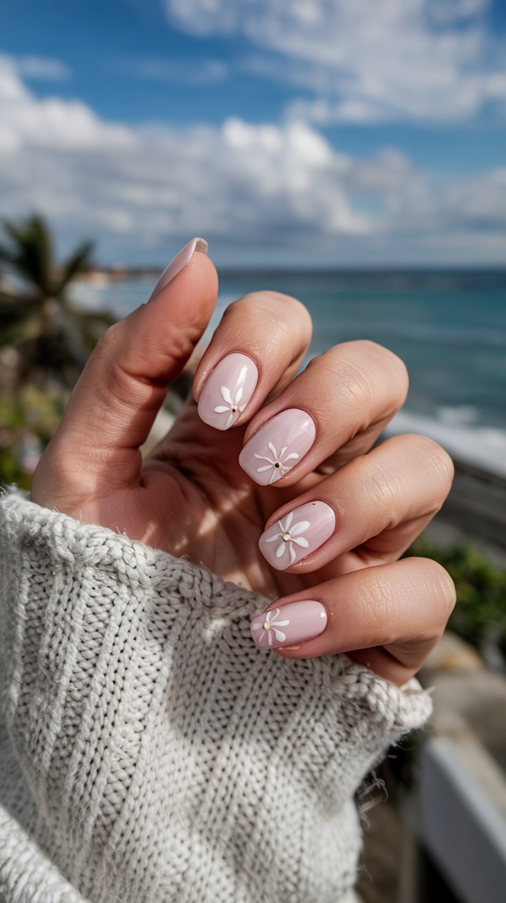Short nails with delicate floral accents by the ocean.