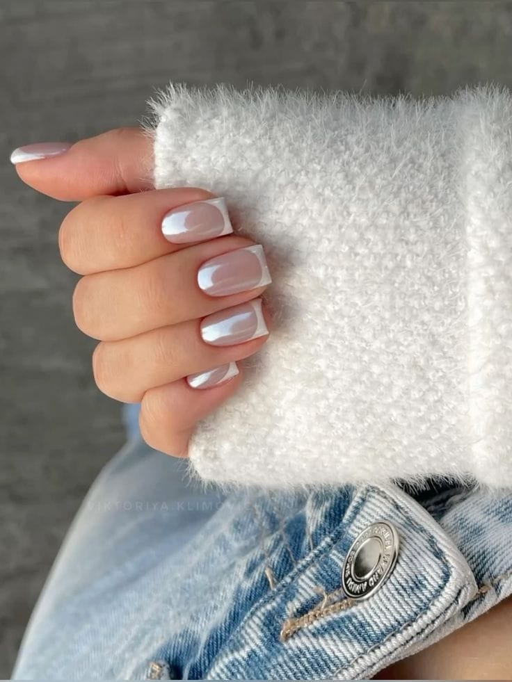 Square nails with chrome French tips.