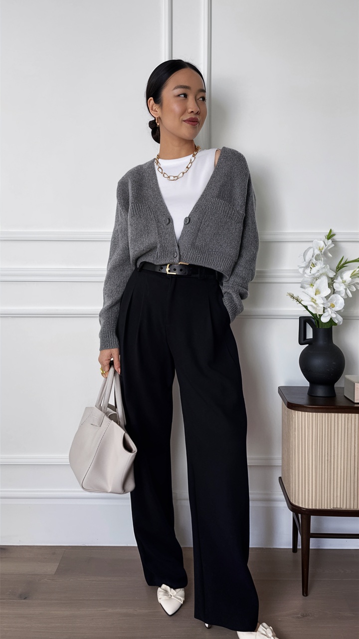 Grey cardigan with wide pants