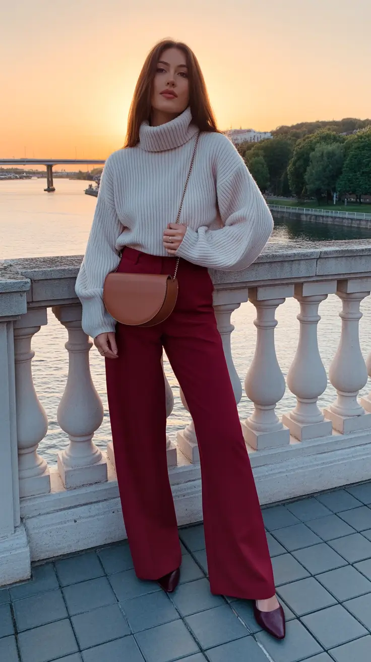 Turtleneck sweater with burgundy pants