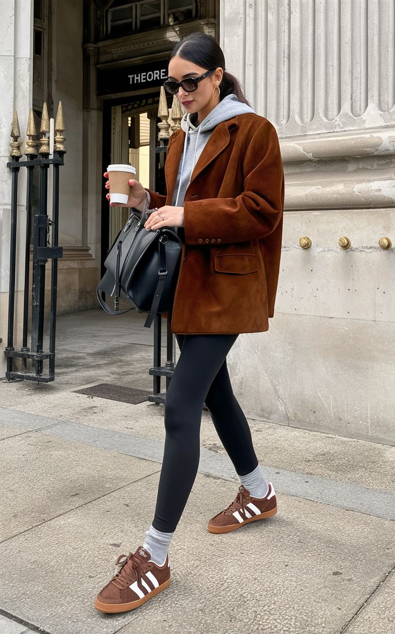 Brown blazer with hoodie and leggings