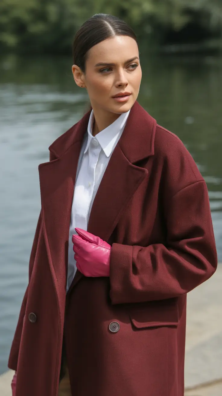 Burgundy coat with pink gloves