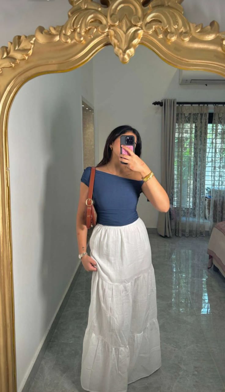 Blue top with white tiered skirt