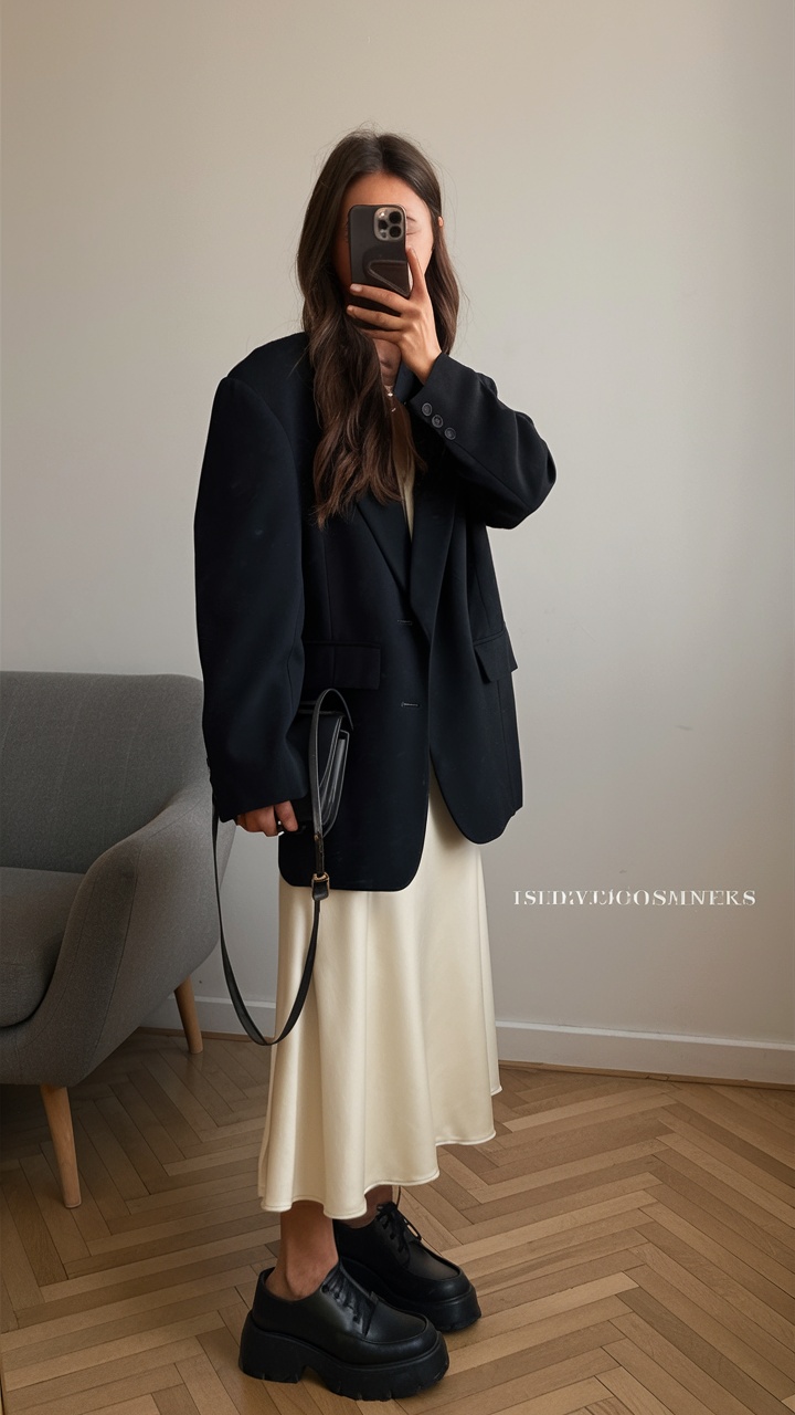 Oversized blazer with cream dress