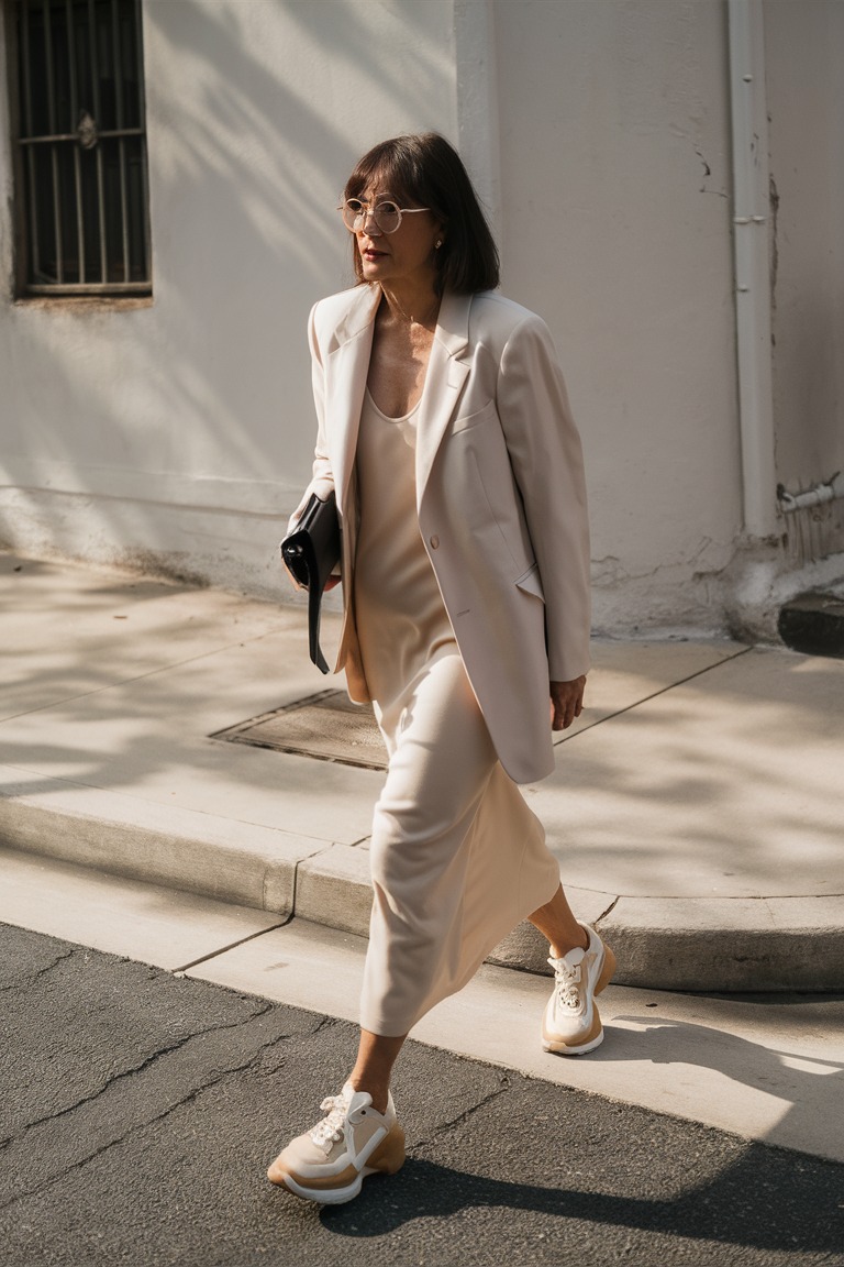 Cream blazer with sneakers