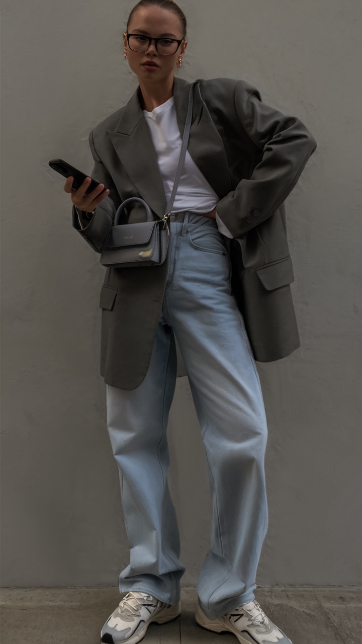 Gray blazer with jeans and sneakers