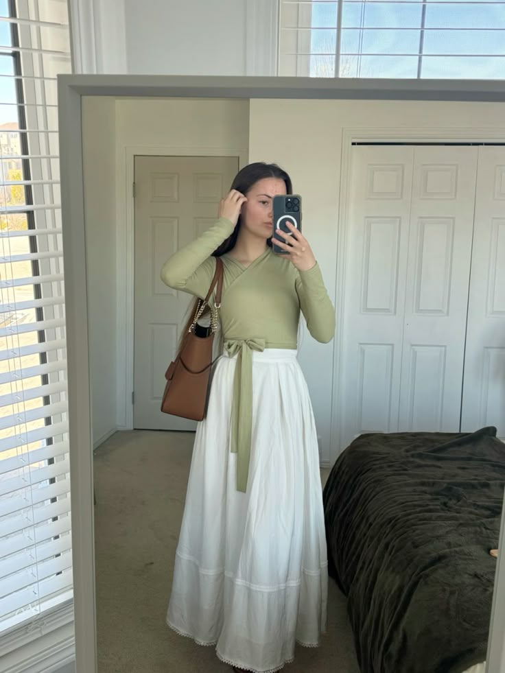 Green top with white maxi skirt