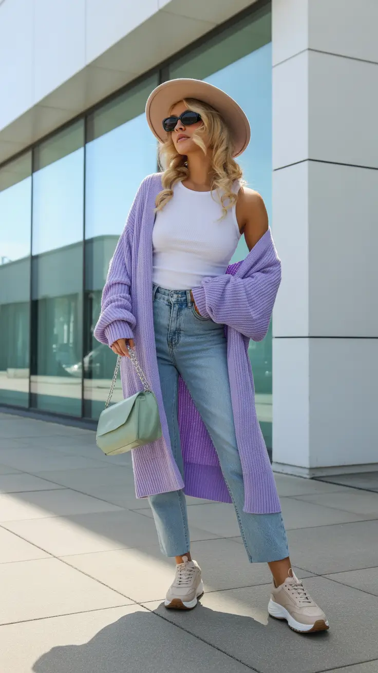 Lilac cardigan with jeans and hat