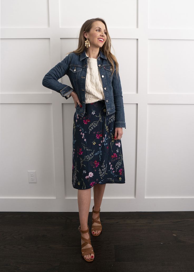 Denim jacket with floral skirt