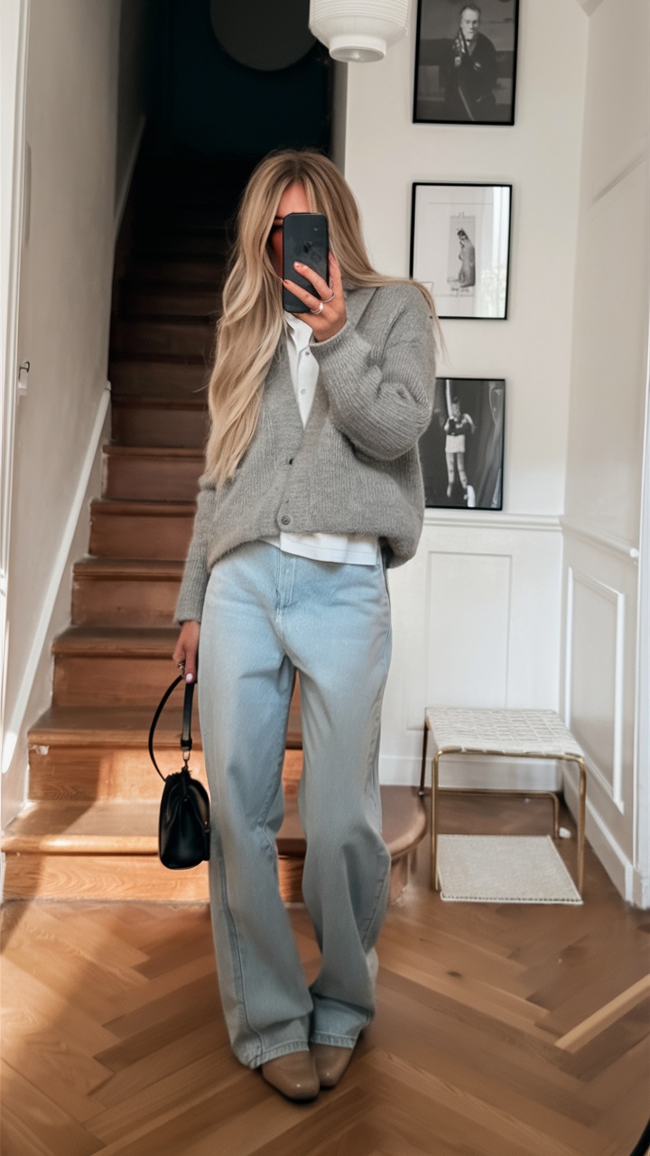Gray cardigan with light jeans