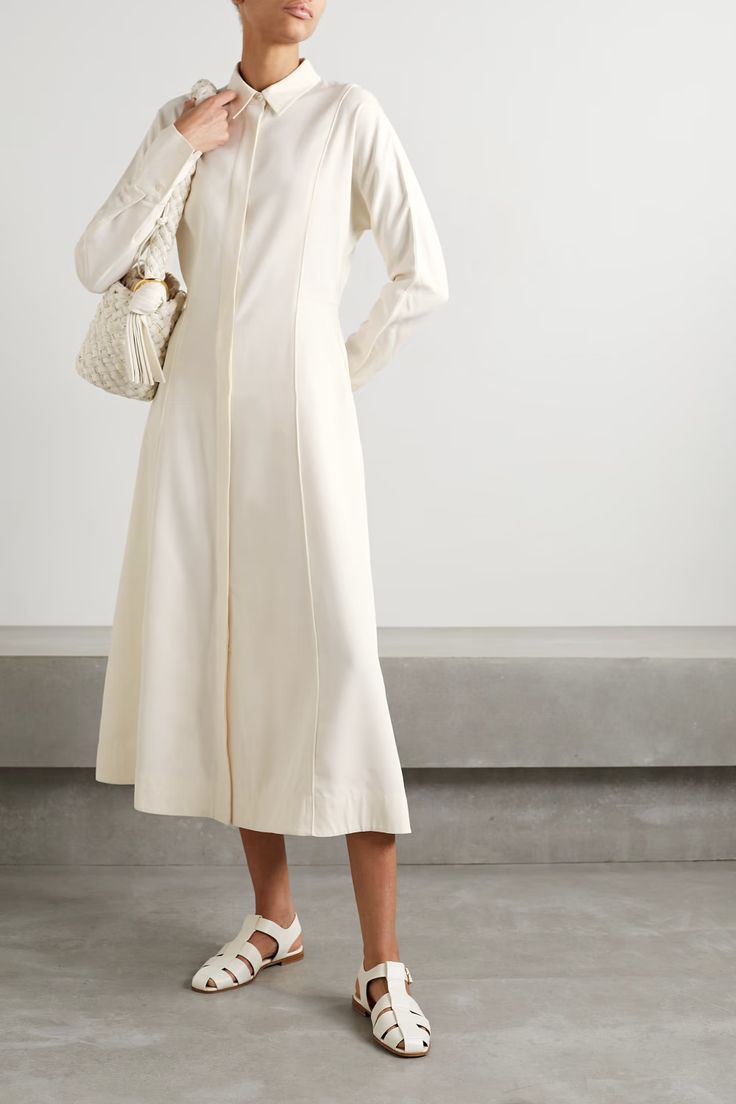 Cream shirt dress with woven bag
