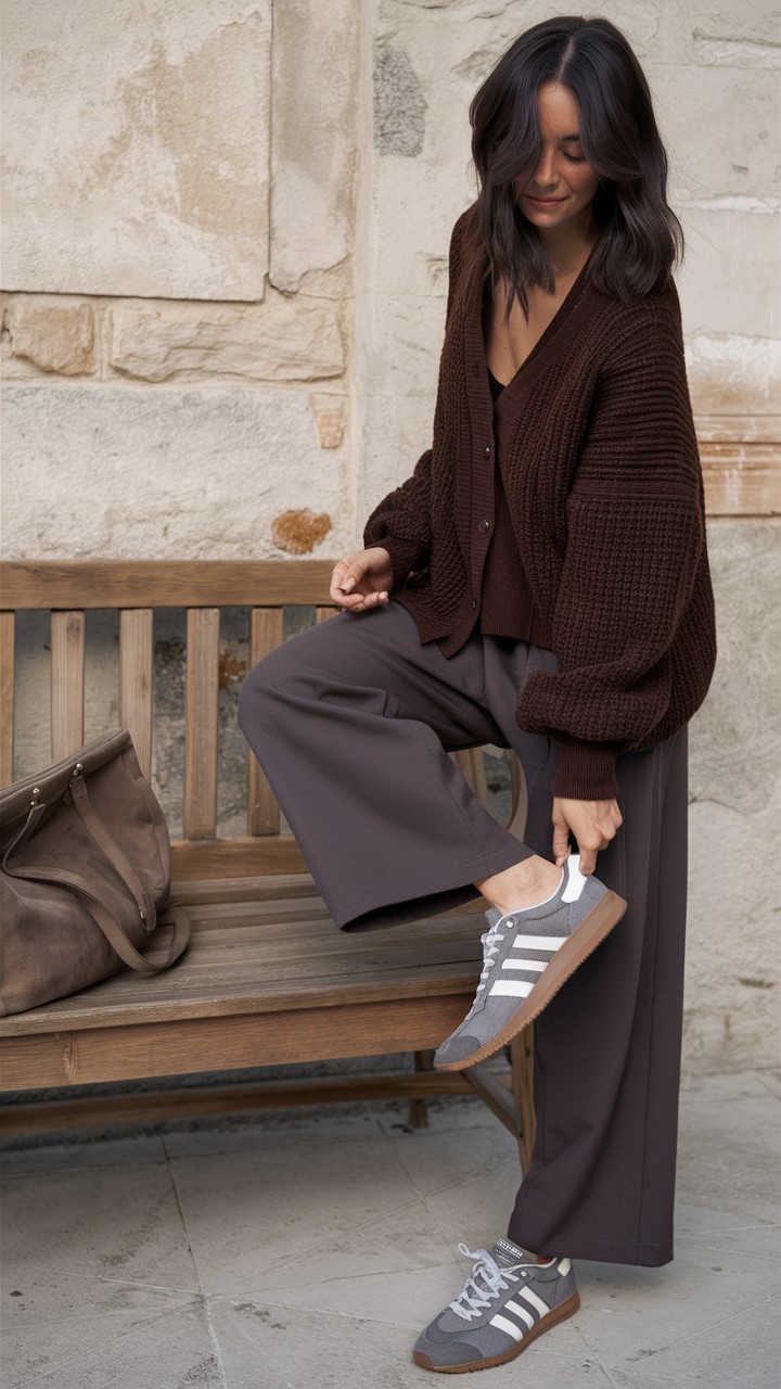 Brown cardigan with wide trousers