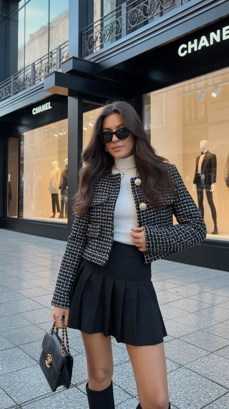 Tweed jacket with pleated skirt