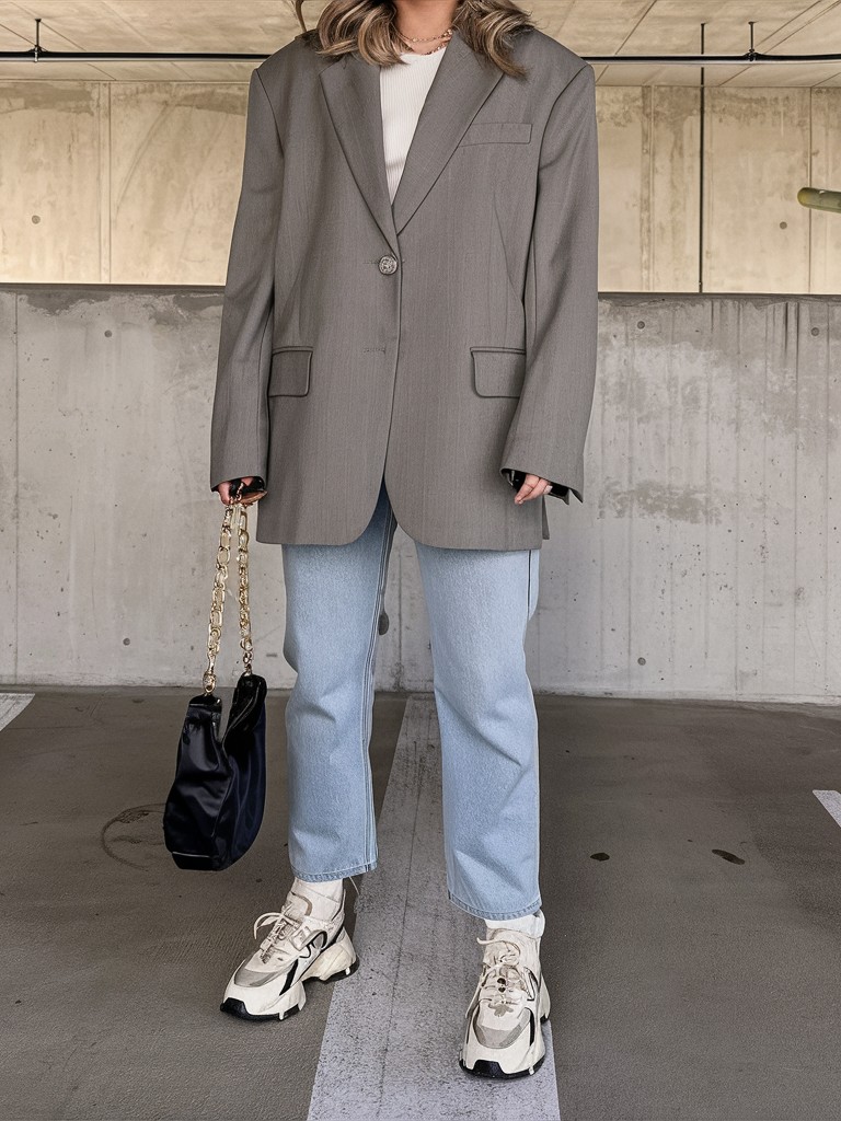 Gray blazer with jeans and sneakers