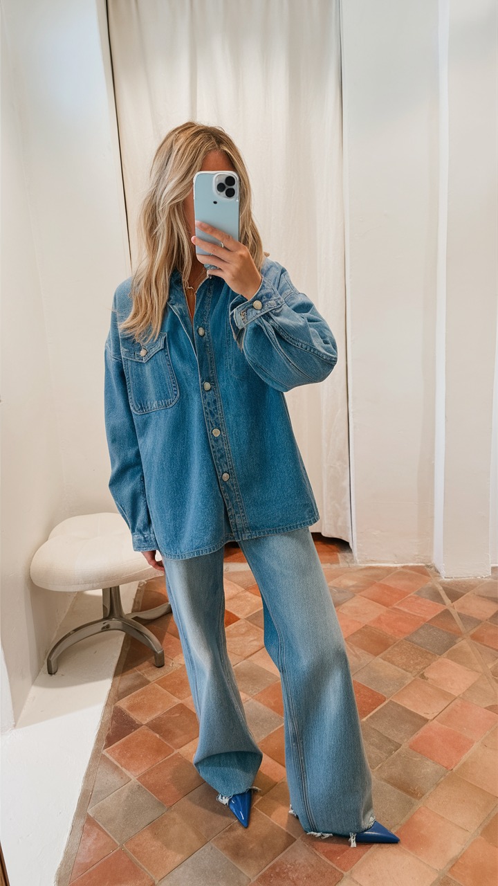 Denim shirt with flared jeans