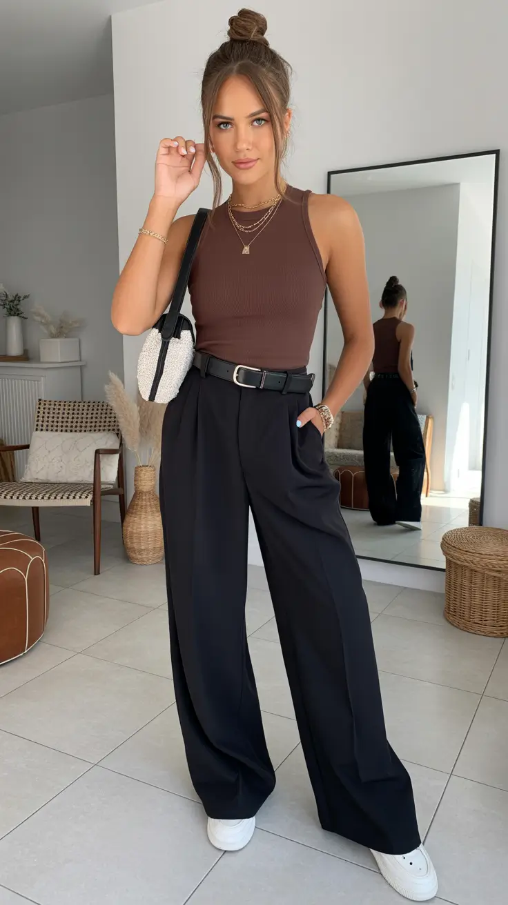 Brown tank with black trousers