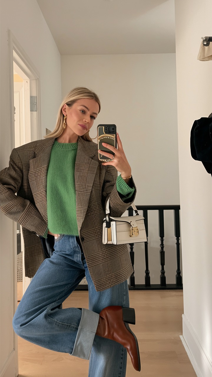Plaid blazer with green sweater