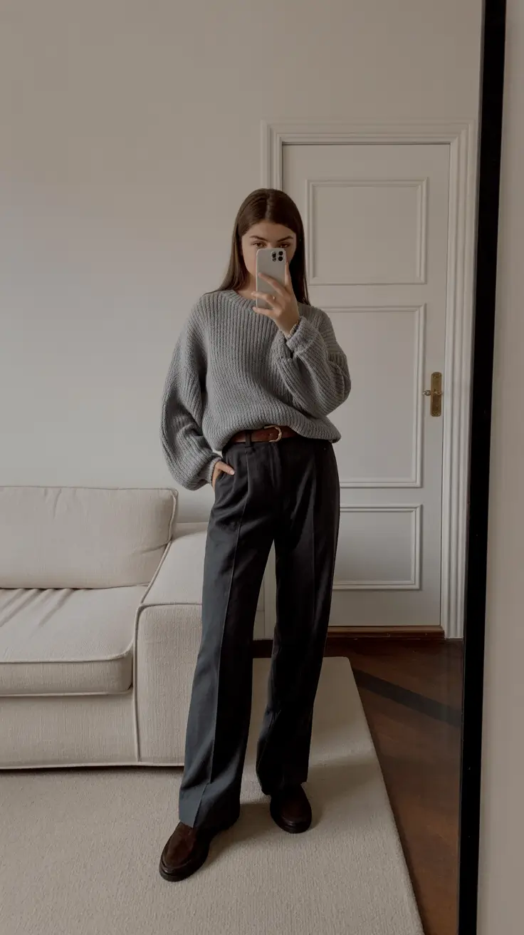 Gray sweater with tailored trousers