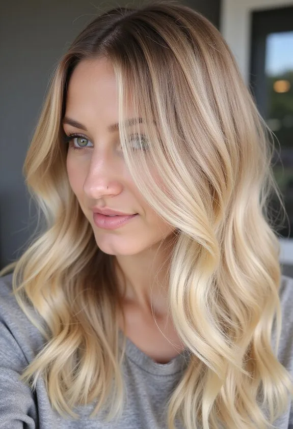 Soft blonde money piece on long wavy hair