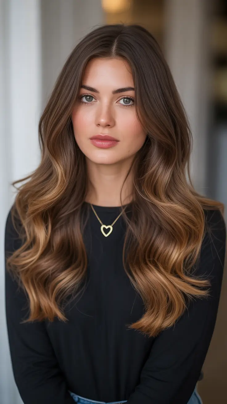 Long waves with honey balayage highlights