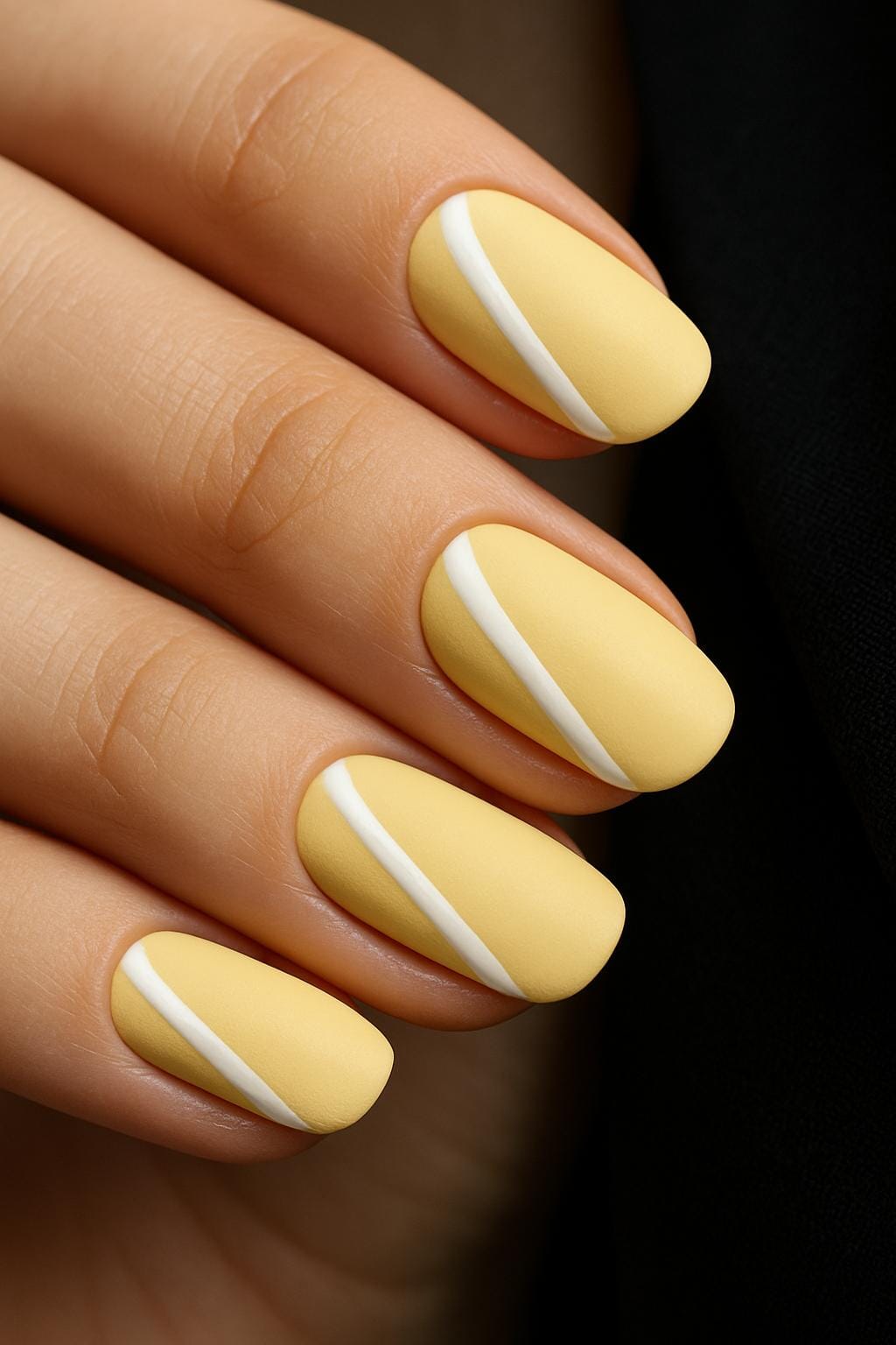 Matte yellow nails with white minimalist line